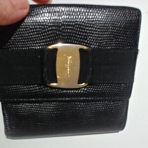 Salvatore Ferragamo Black Textured Leather Wallet with Gold Vara Buckle
